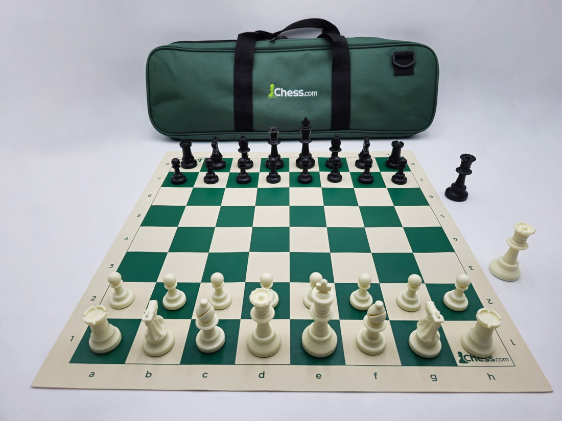 Chess.com Chess Set with Deluxe Bag and Vinyl Chess Board in Light Box (Straight-On Shot)