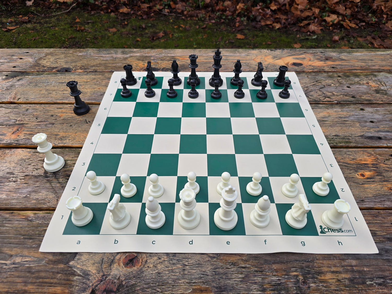 Chess.com Set with Deluxe Bag and Vinyl Chess Board on Park Bench (Straight-On Shot)