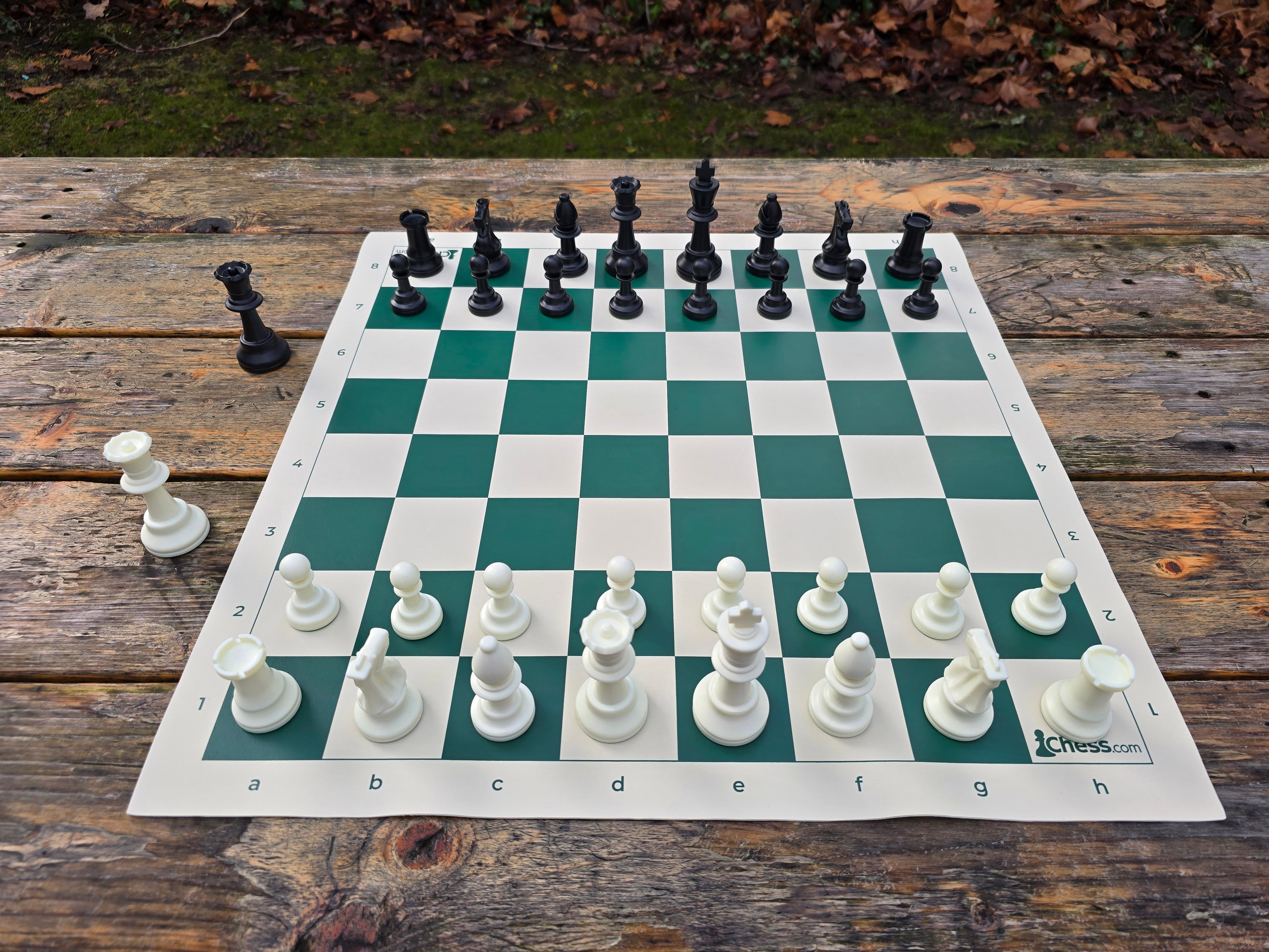 Chess.com Set with Deluxe Bag and Vinyl Chess Board on Park Bench (Straight-On Shot)