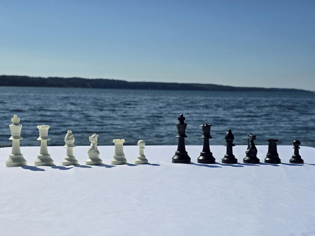 Chess Pieces Lined Up in a Row by Height on a White Cloth Table by the Sea