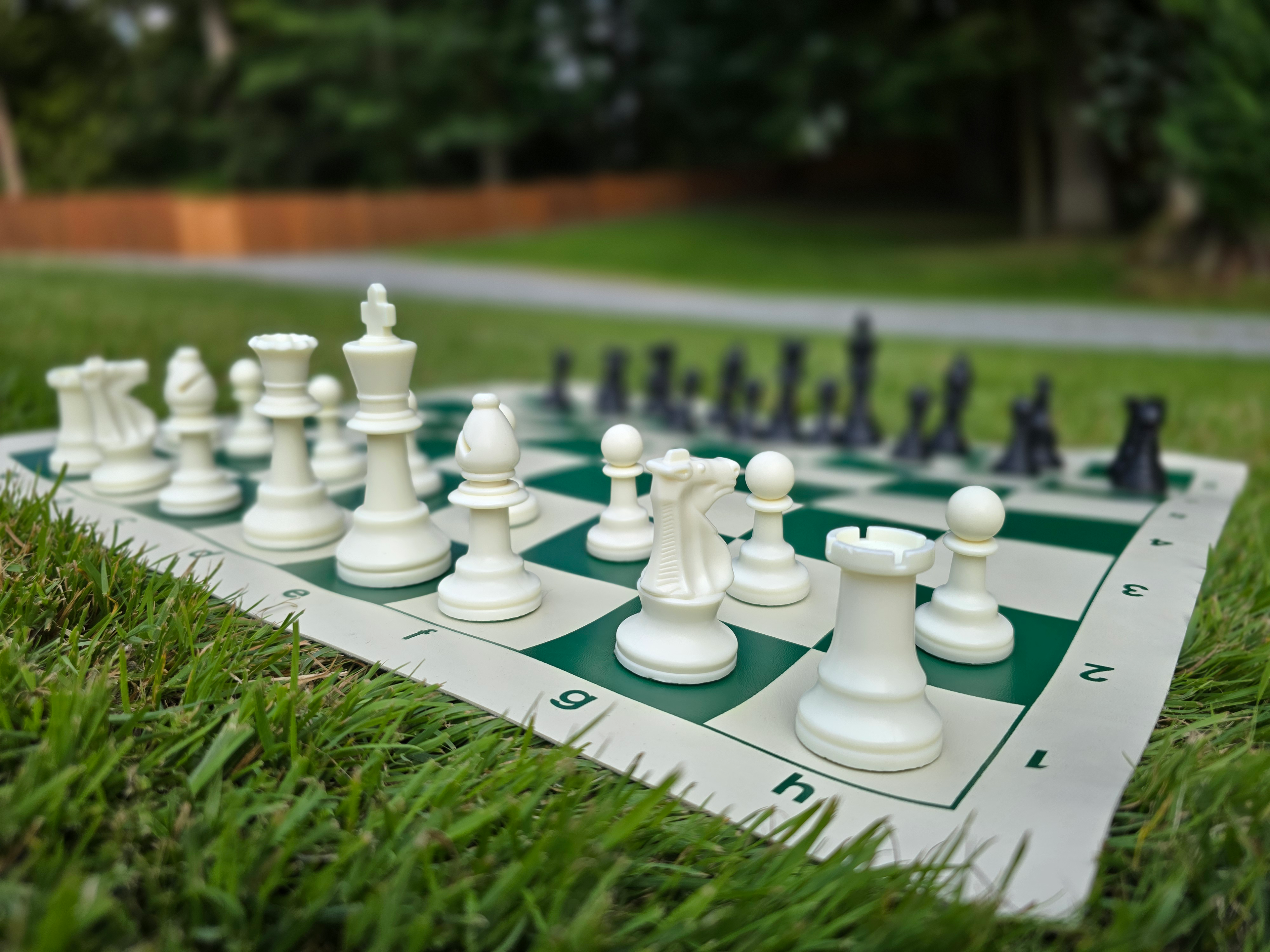 A Close-Up Shot of a Tournament Chess Set on a Vinyl Chess Board on Green Grass with a Blurred Background of Trees and a Fence