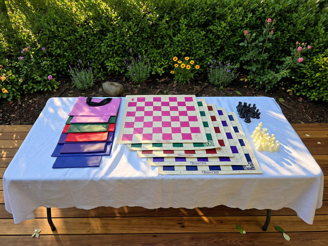 A display of ChessKid tournament sets, featuring five colourful vinyl chess boards (pink, red, green, purple and blue) and five matching canvas carrying bags. The white and black chess pieces are adjacent to the board and all are arranged on a white tablecloth outdoors with a garden in the background.