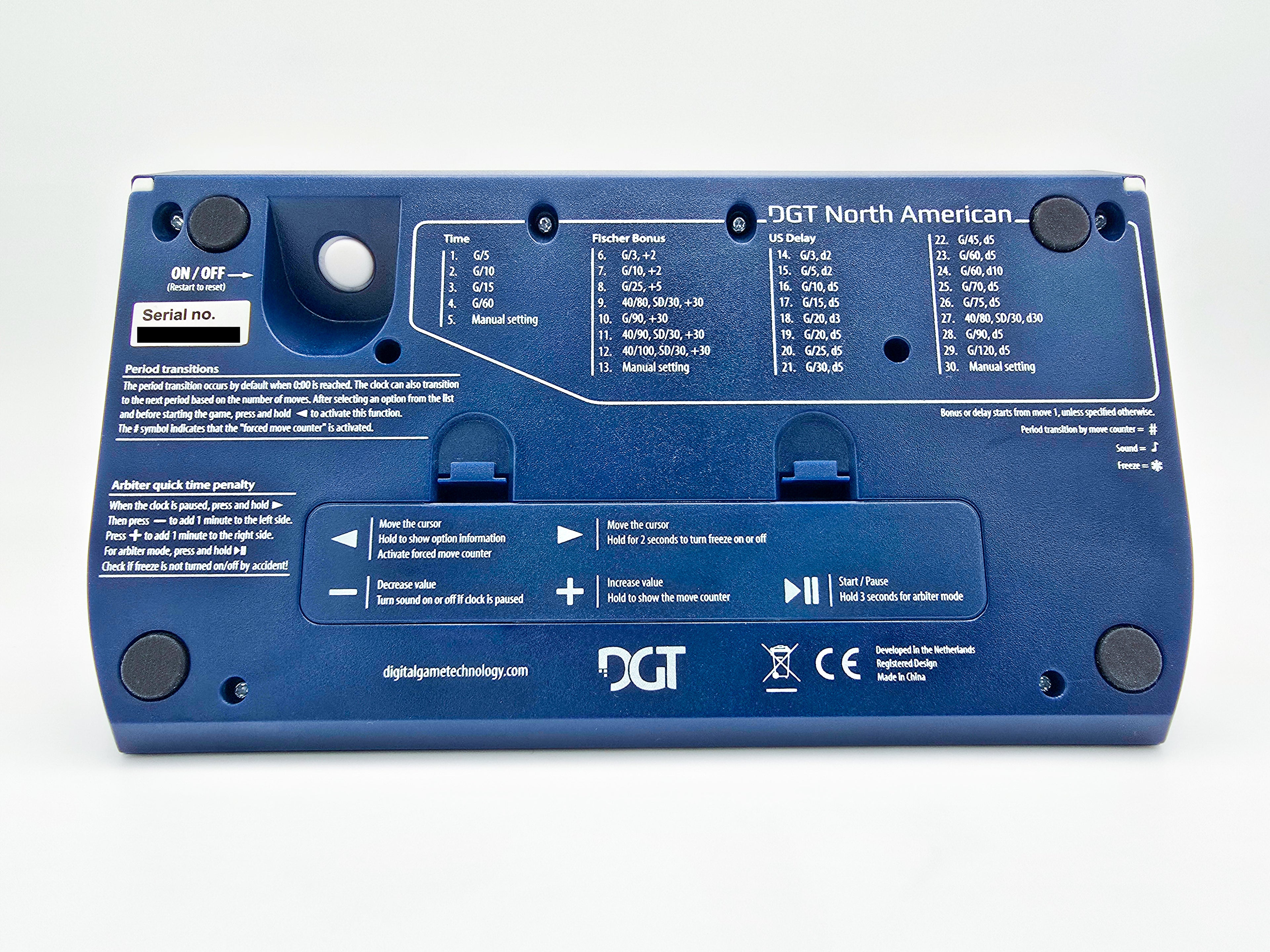 DGT North American Chess Clock 2024 in Lightbox (Bottom Shot Showing Game Modes)
