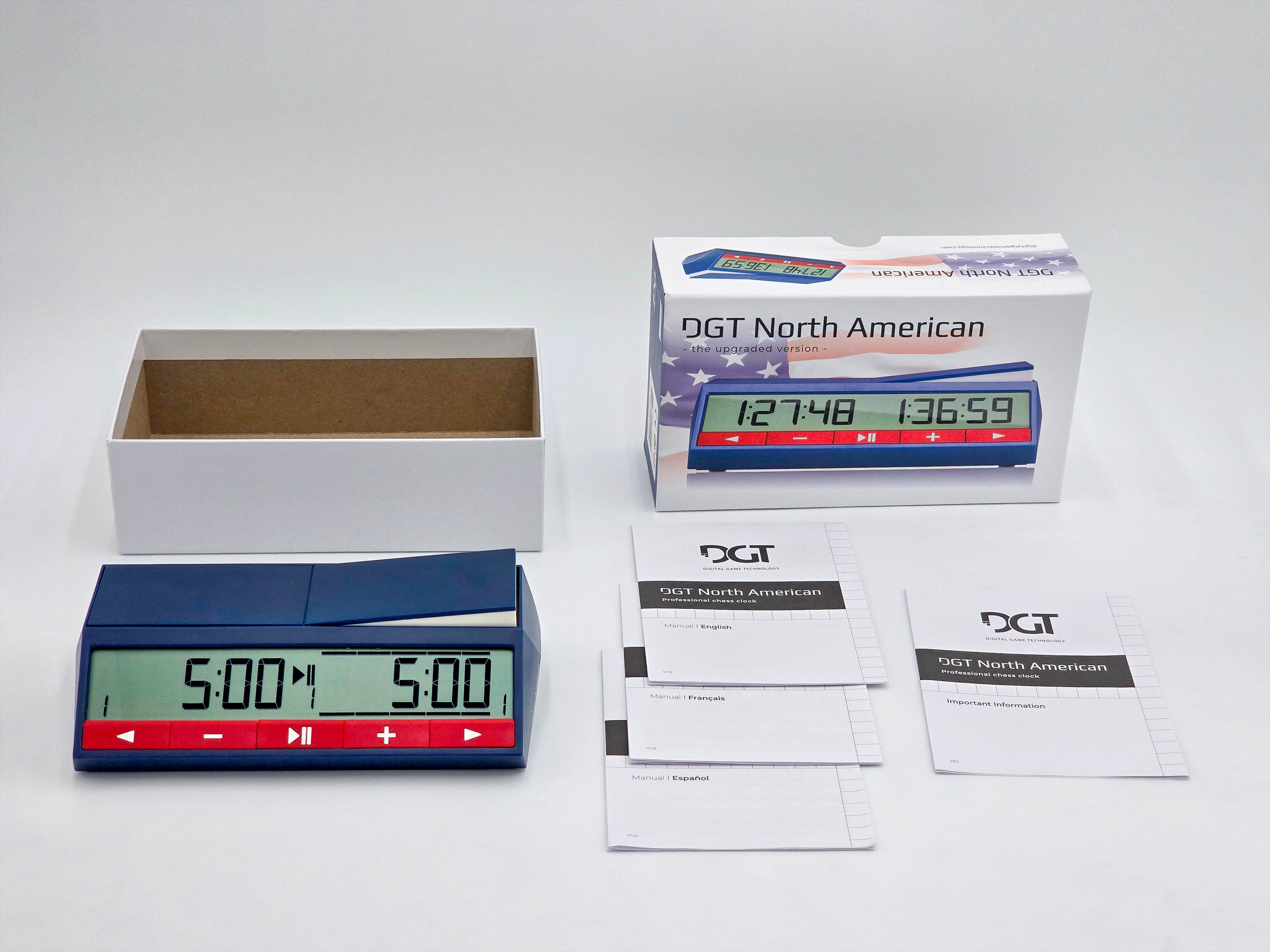 DGT North American 2024 Chess Clock Unboxed Displaying Instruction Manuals and Clock