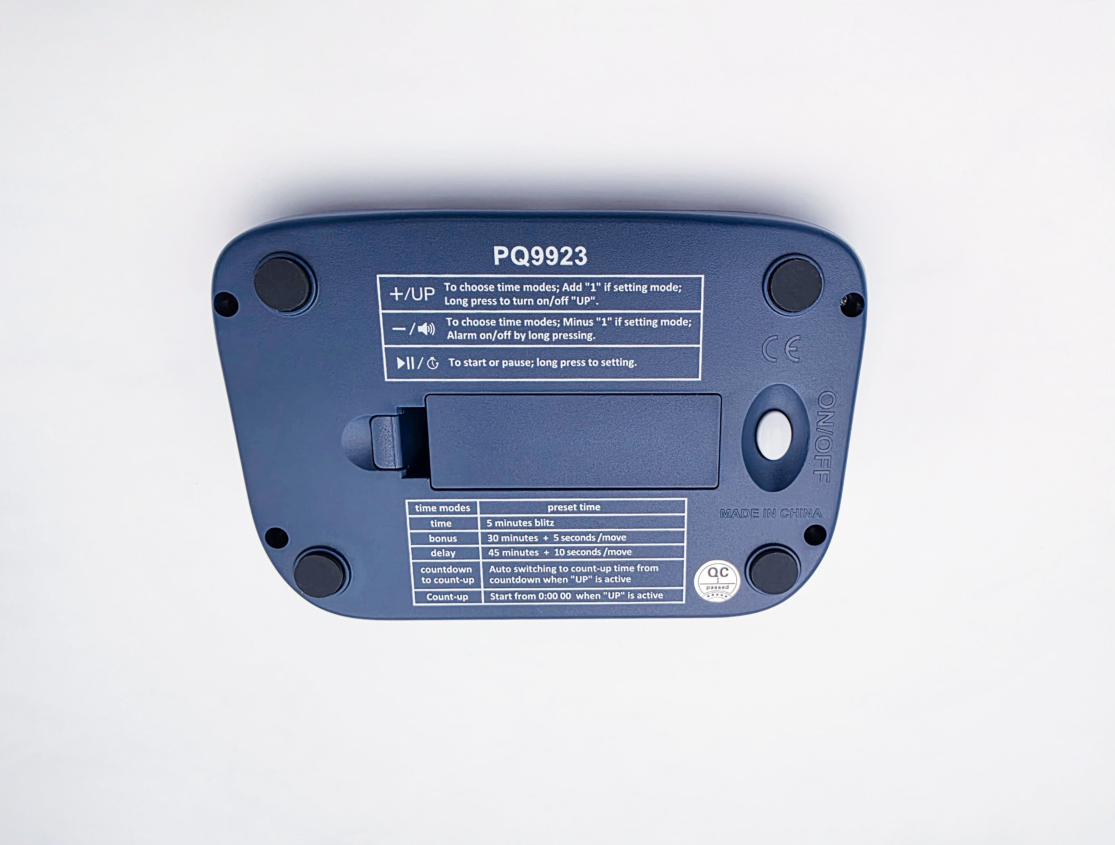 Leap PQ9923 Chess Clock in Lightbox (Bottom Shot Showing Game Modes).