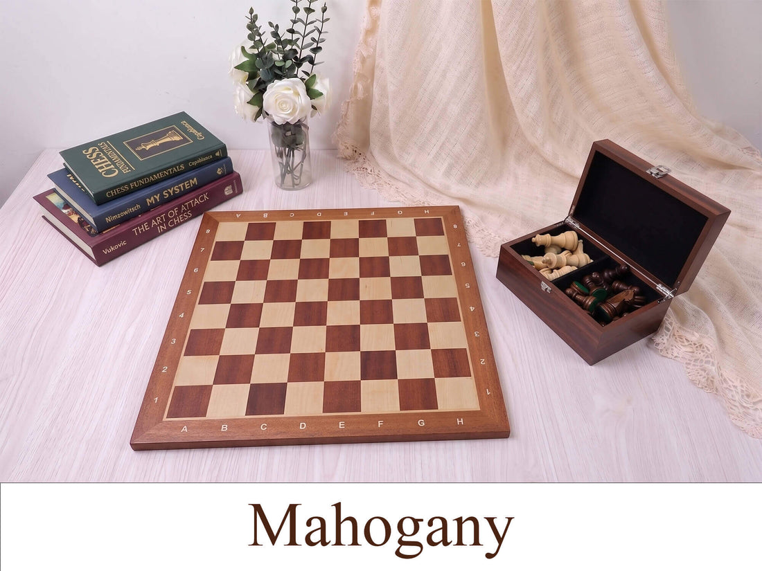 Monarch Series mahogany wooden chess board and storage box displayed on a beige table, showcasing the rich natural wood grain and 57mm squares.