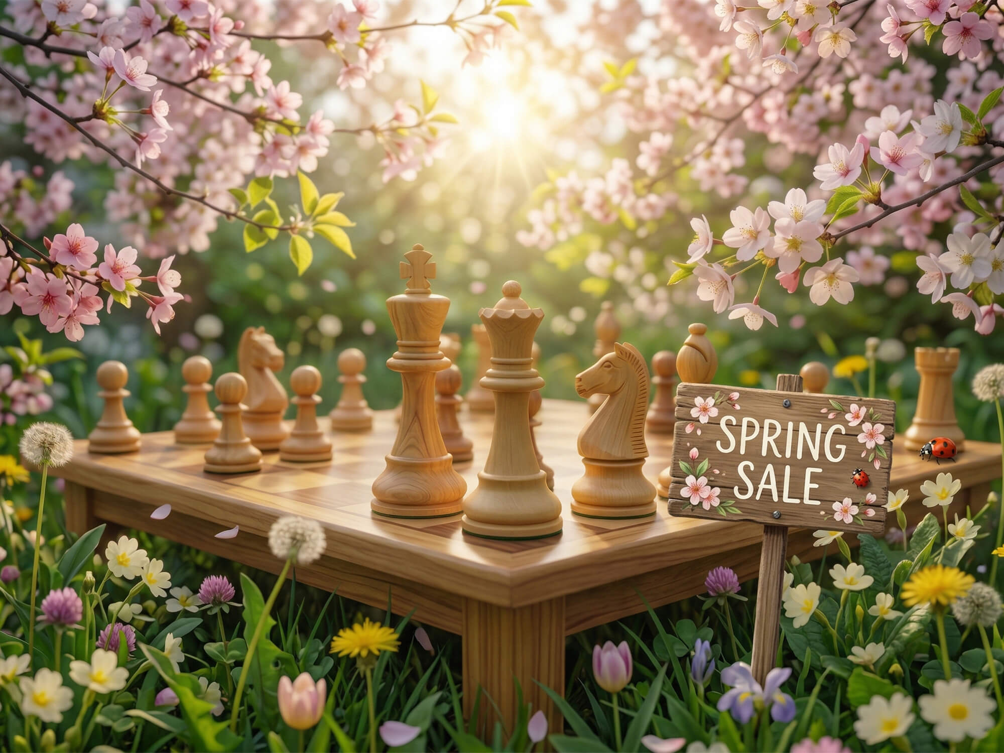 Close-up of wooden chess pieces on a board in a spring garden with a "Spring Sale" wooden sign and pink flower blossoms.