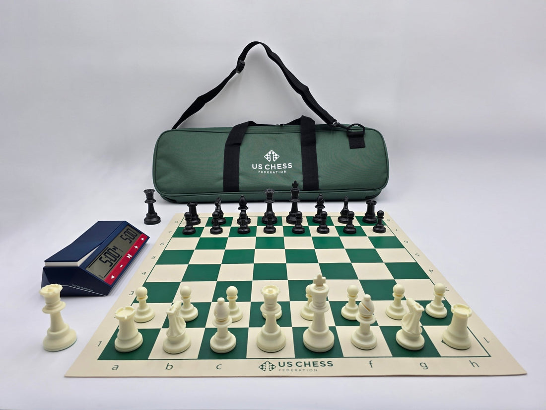 USCF Deluxe Set with Vinyl Chess Board and DGT North American Chess Clock 2024 in Lightbox