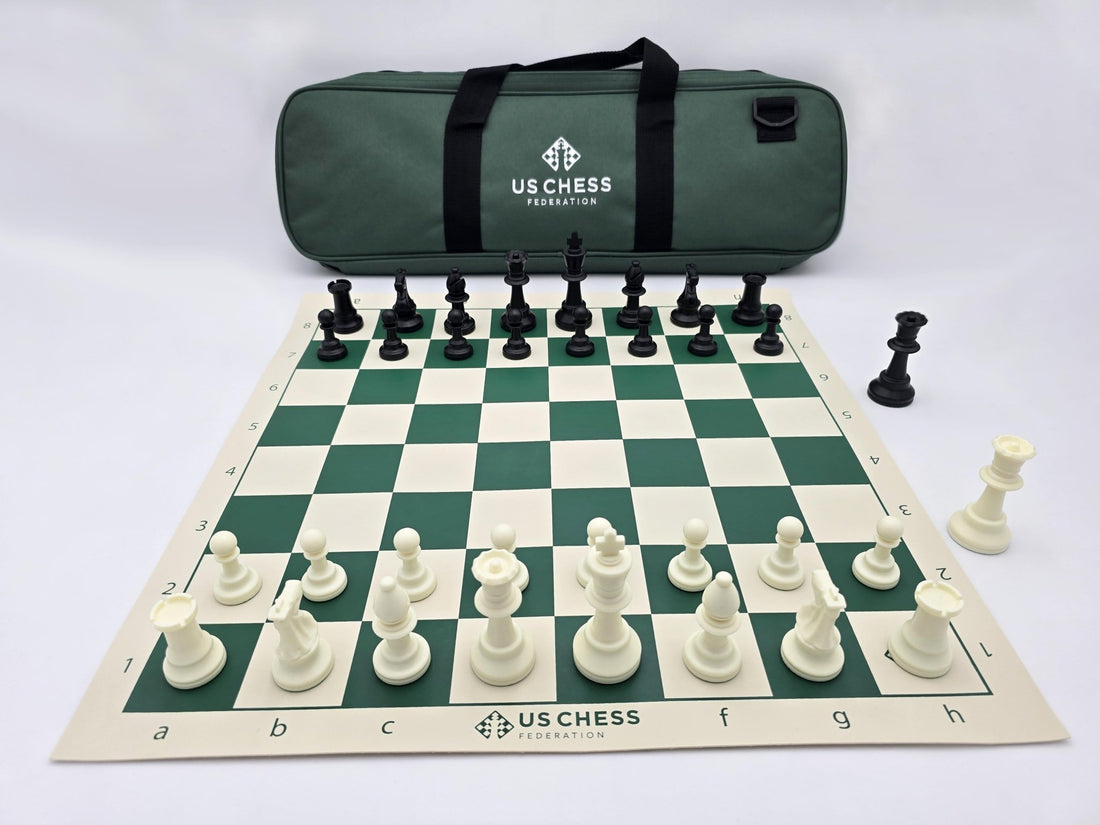 US Chess Federation Tournament Chess Set with USCF Vinyl Chess Board and Deluxe Carrying Bag in a Lightbox