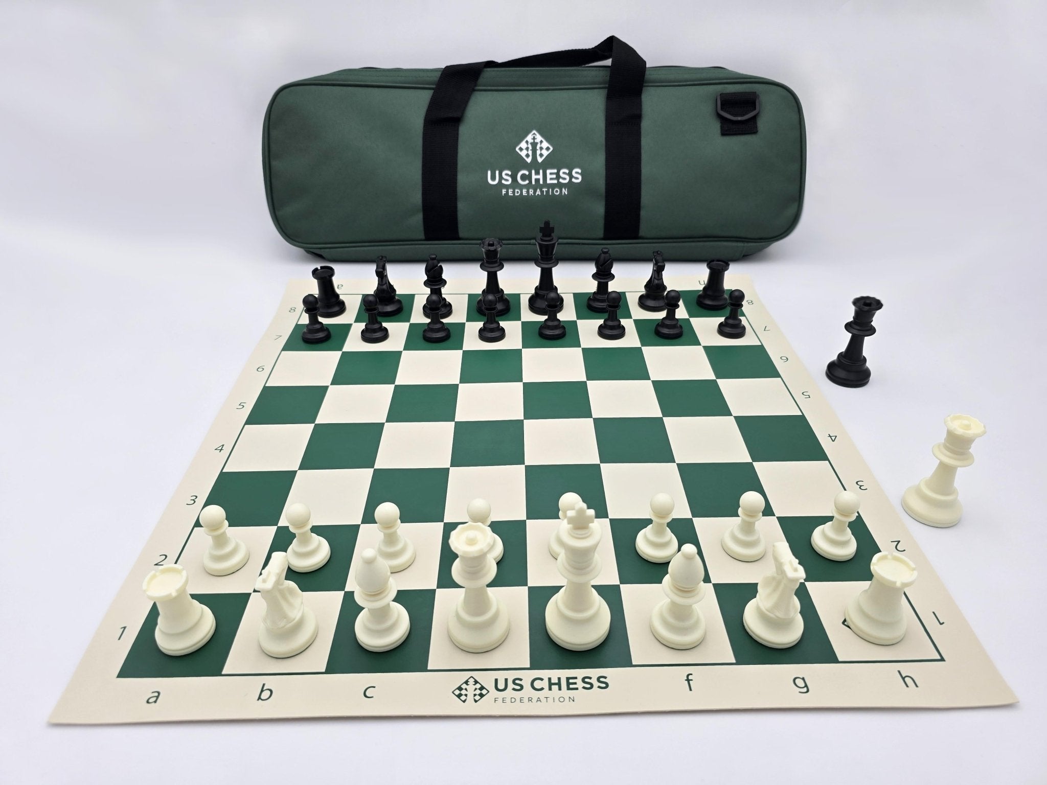 US Chess Federation Tournament Chess Set with USCF Vinyl Chess Board and Deluxe Carrying Bag in a Lightbox