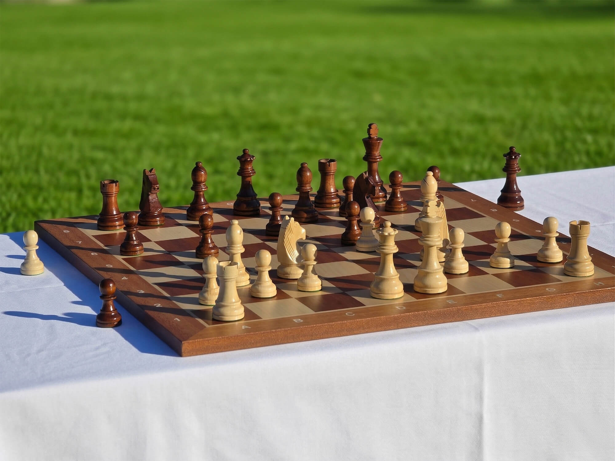 Professional Staunton wood chess set with hand-carved dark brown and cream pieces arranged on a walnut and maple wooden board outdoors.