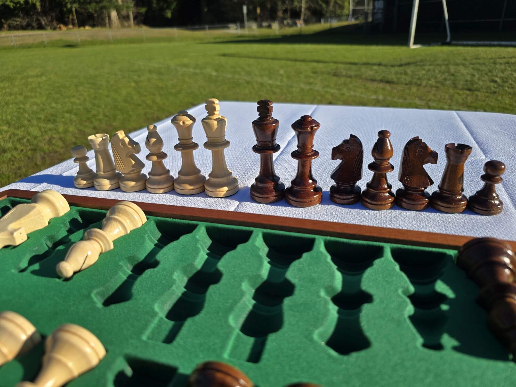 Close-up view of the green felted individual slots inside the folding Aristocrat chess board holding pieces securely.