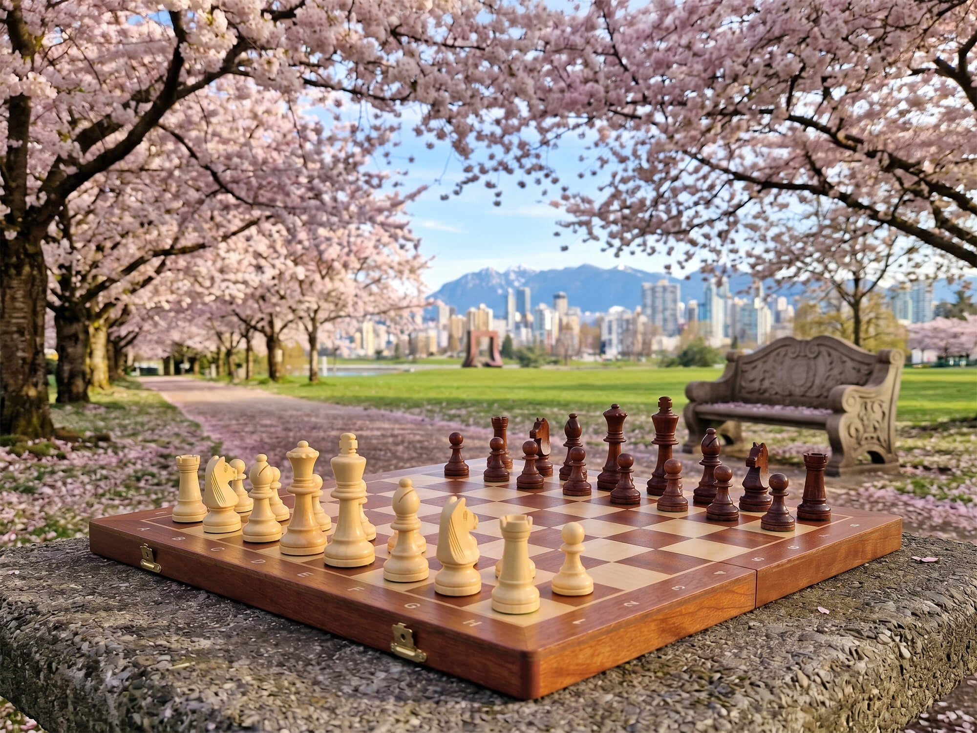 Aristocrat folding wooden chess board and pieces set up outdoors in a beautiful park framed by blooming pink cherry blossom trees.