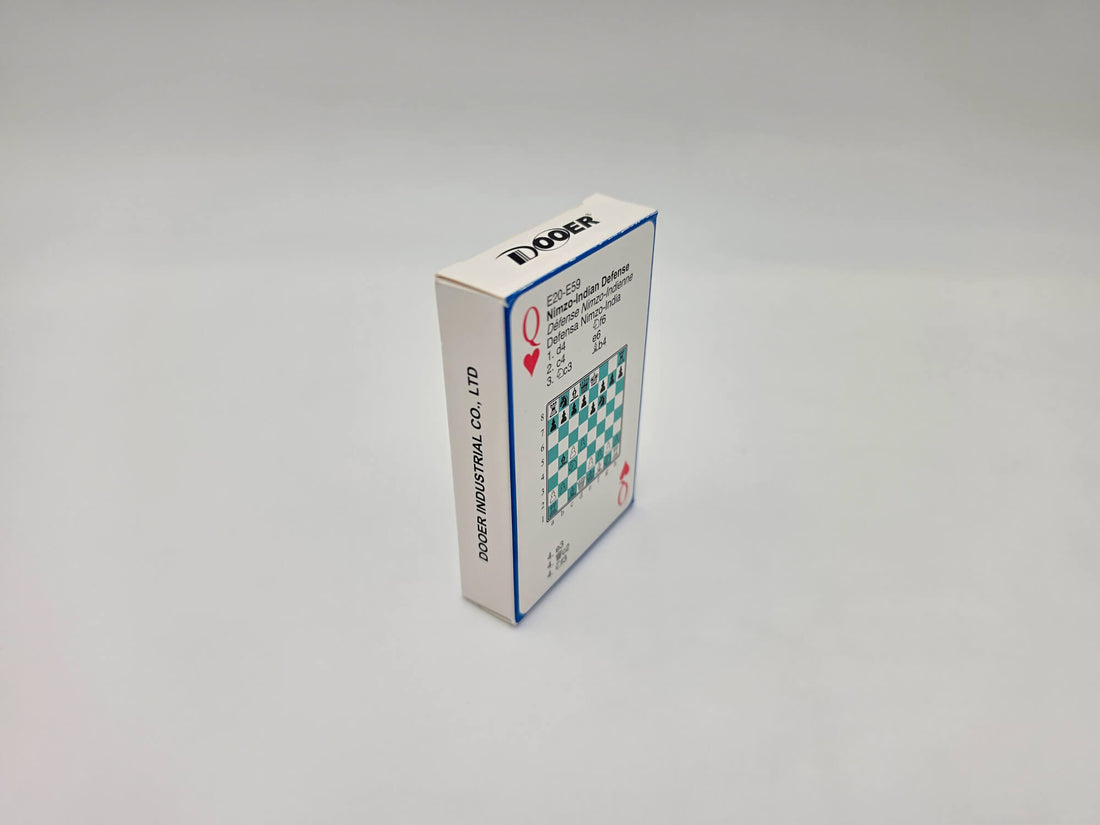 Side view of the chess opening cards tuck box displaying the Nimzo-Indian Defense card graphic