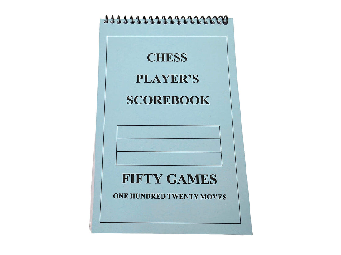 Front cover of a light blue spiral-bound chess player&