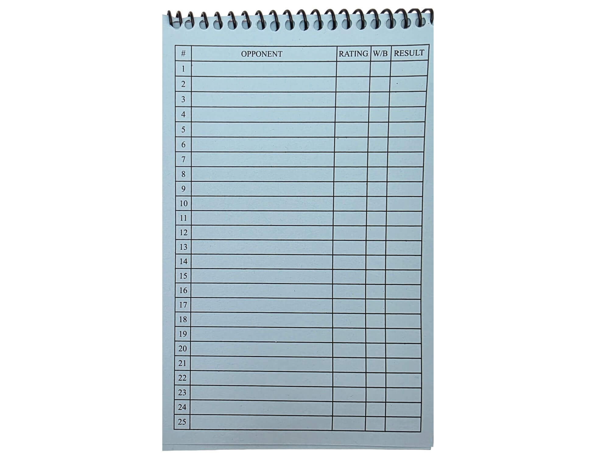 Inside tracking index page of a chess tournament scorebook with a printed table numbered 1 to 25 to easily log game results.