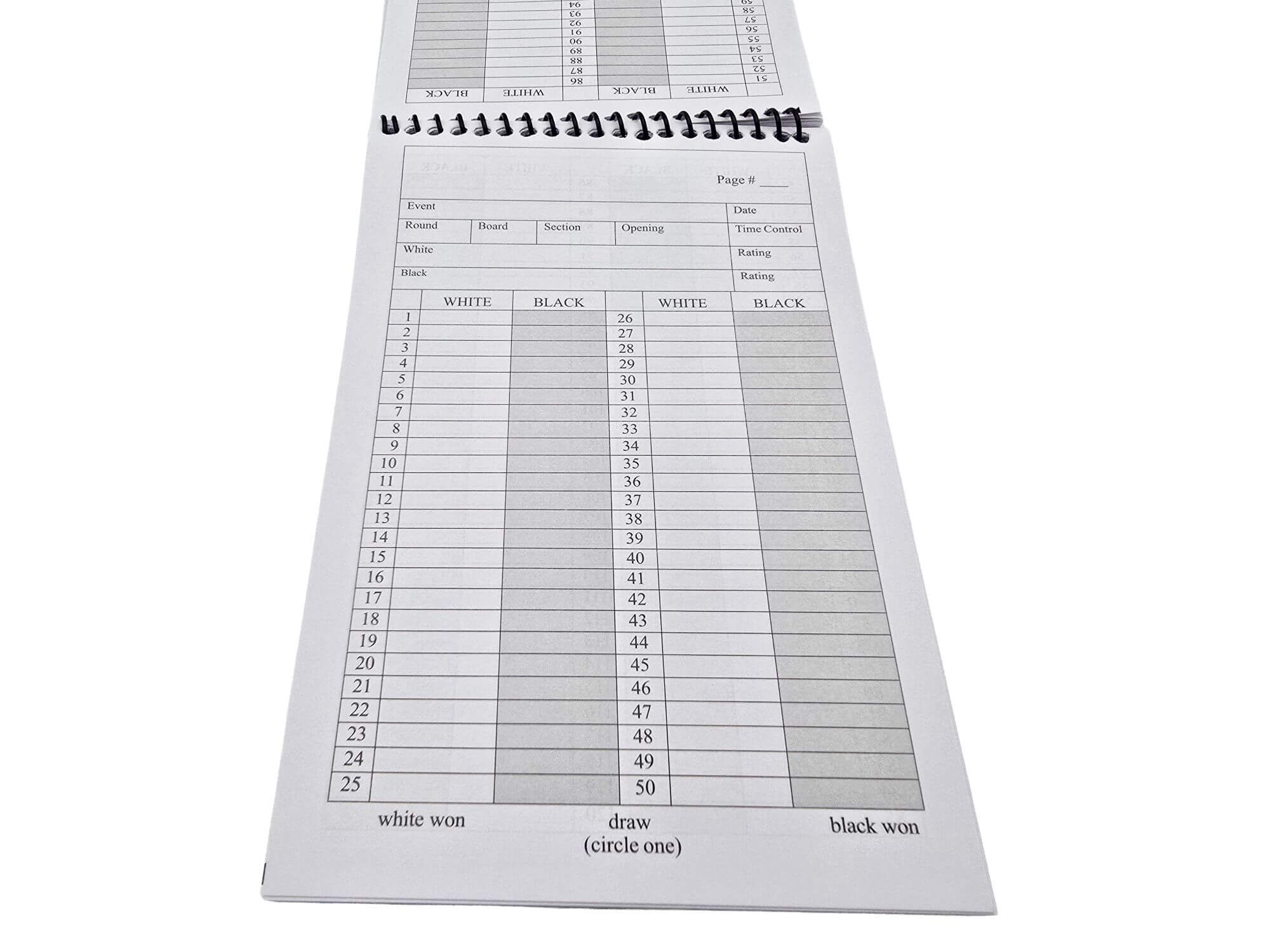 An open spiral-bound chess scorebook showing columns and lined grids formatted for recording notation for moves 1 through 50.