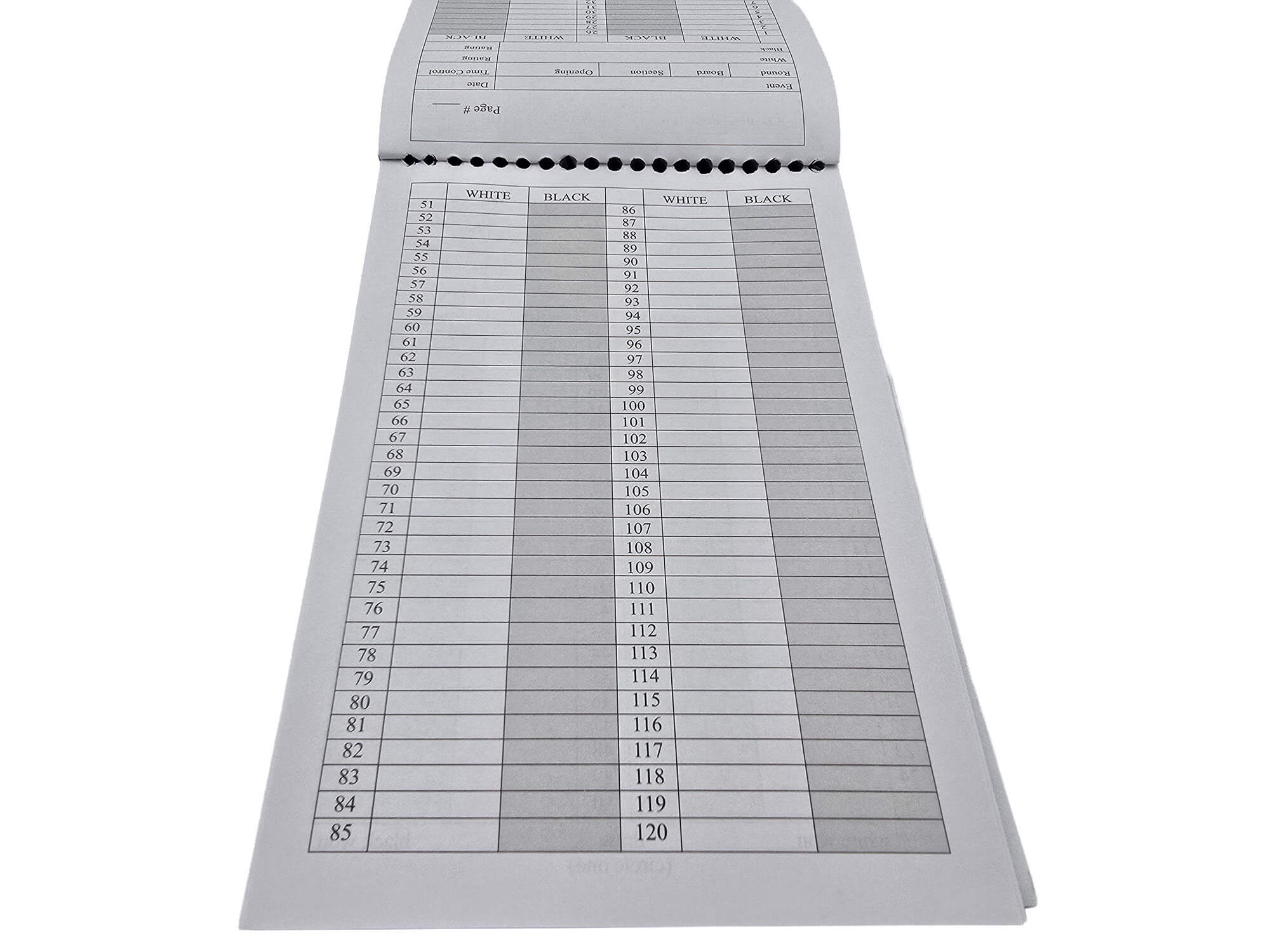 Interior view of a chess scorebook showing an extended layout with lines to record long matches from move 51 up to move 120.