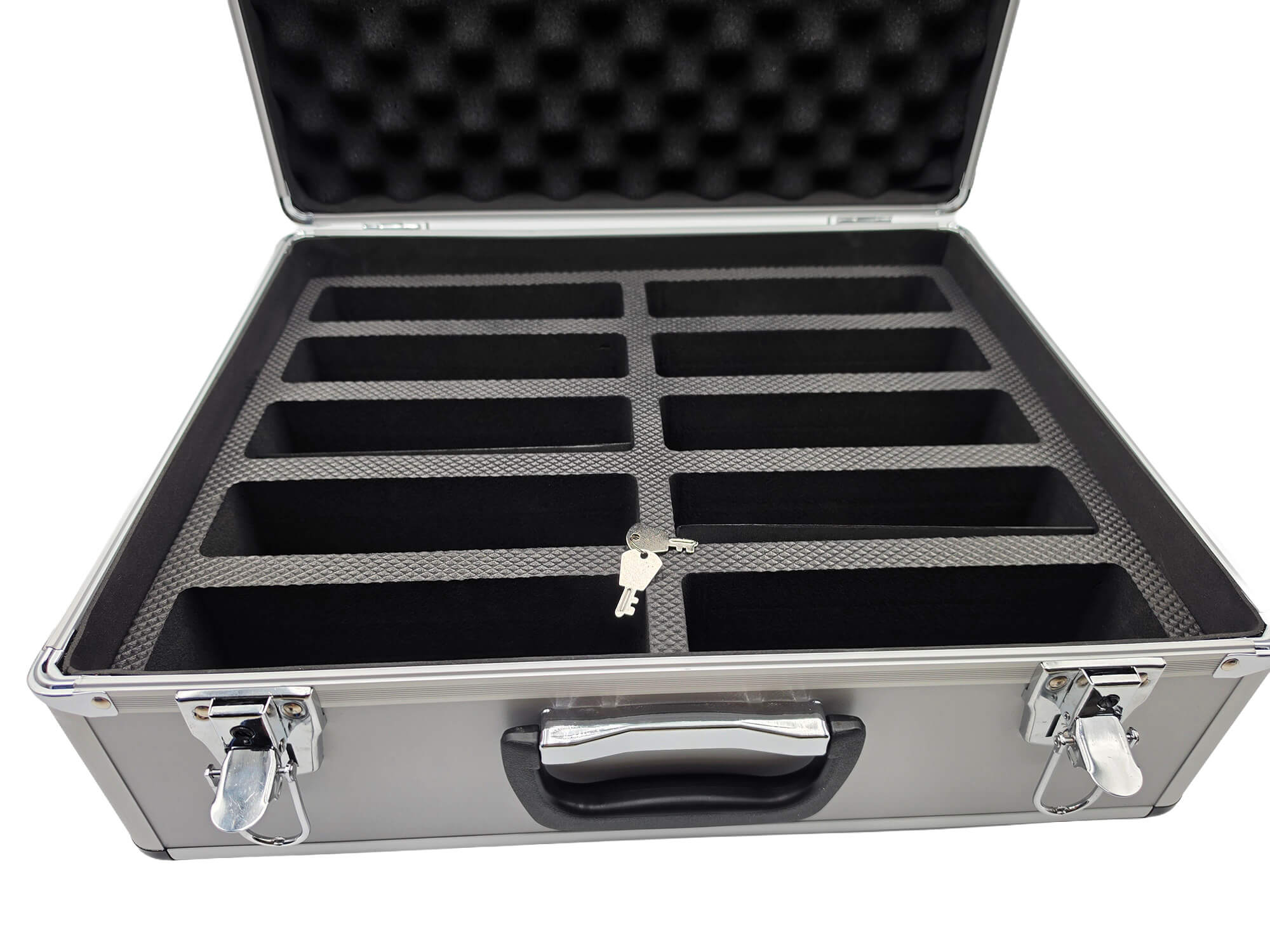 Angle view of the open DGT aluminum chess clock case featuring egg-crate foam lid padding, slots and keys.