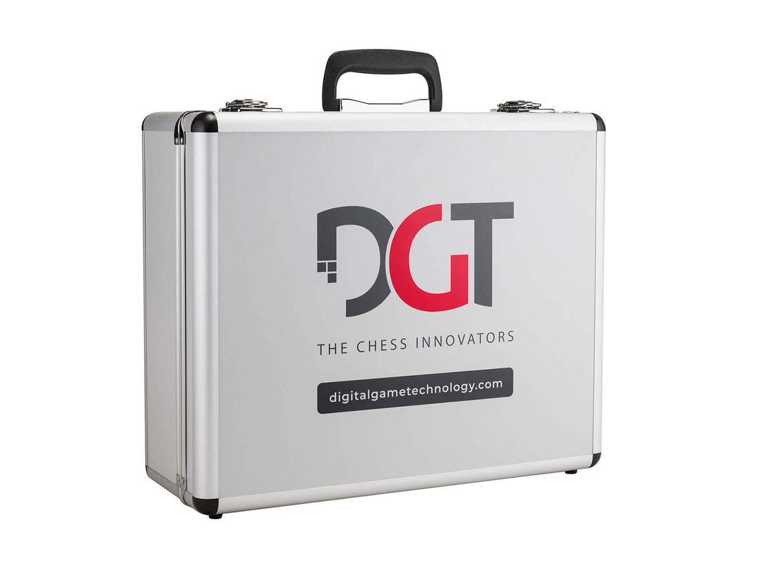 Upright view of the silver DGT aluminum 10 clock carrying case displaying the official DGT logo and carrying handle.