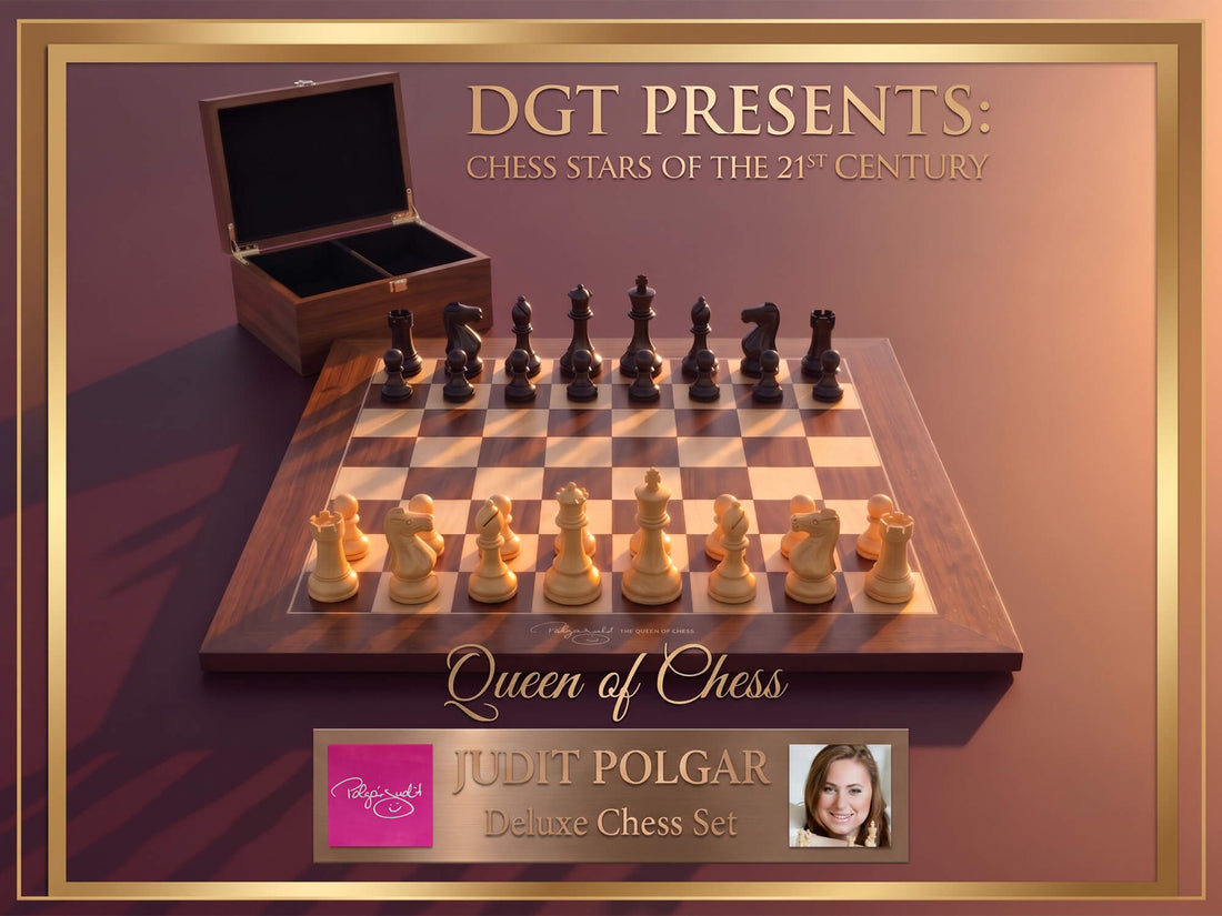 DGT Presents Queen of Chess by Judit Polgar Deluxe Chess Set, featuring a wooden chessboard with cream and dark brown chess pieces, an open wooden storage box, and promotional text on a warm brown background with a gold border.