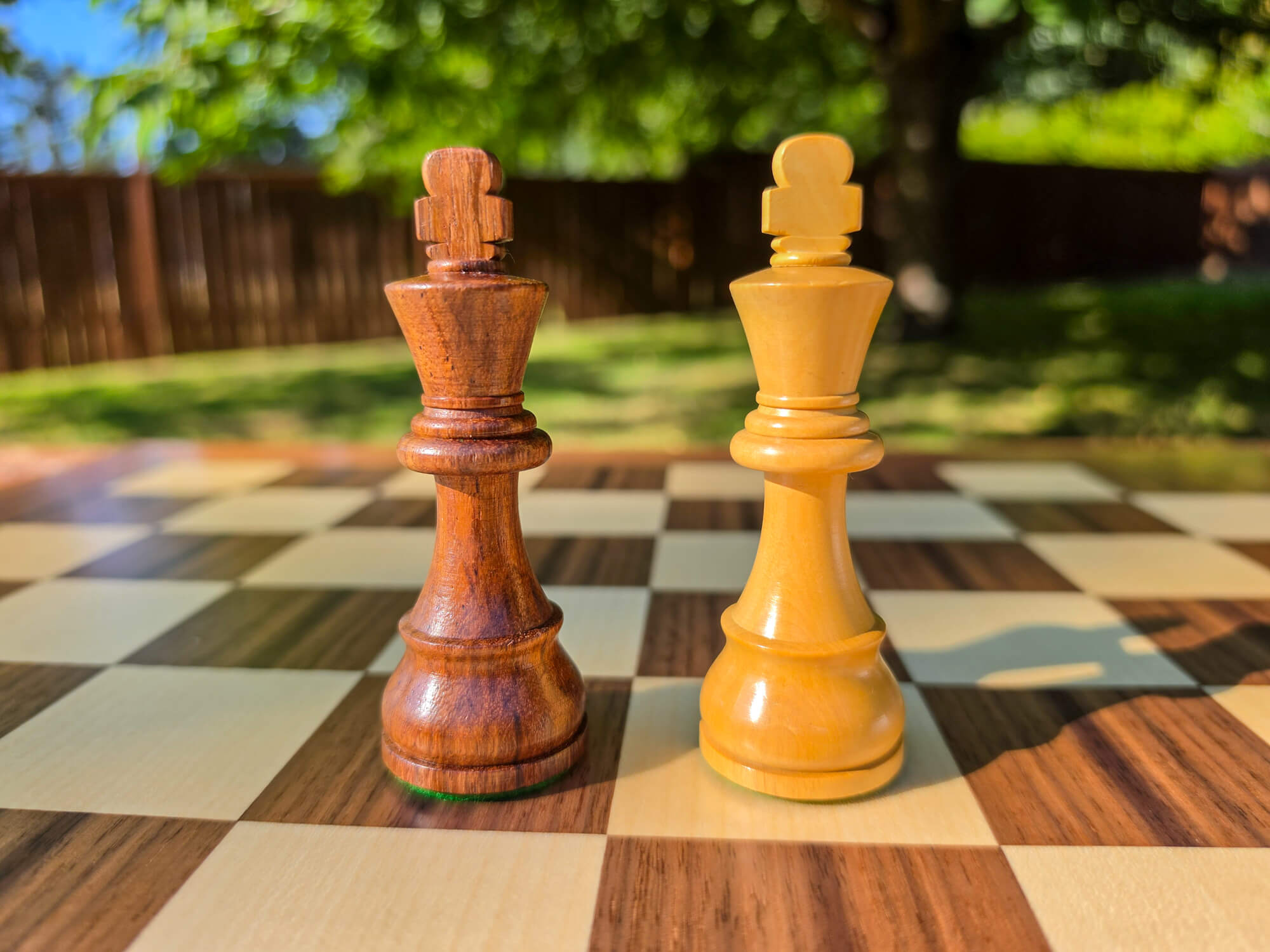 Close-up view of the handcrafted dark wood and light wood King pieces from the DGT Timeless electronic chess set, set on a wooden chess board outdoors with a nature background.