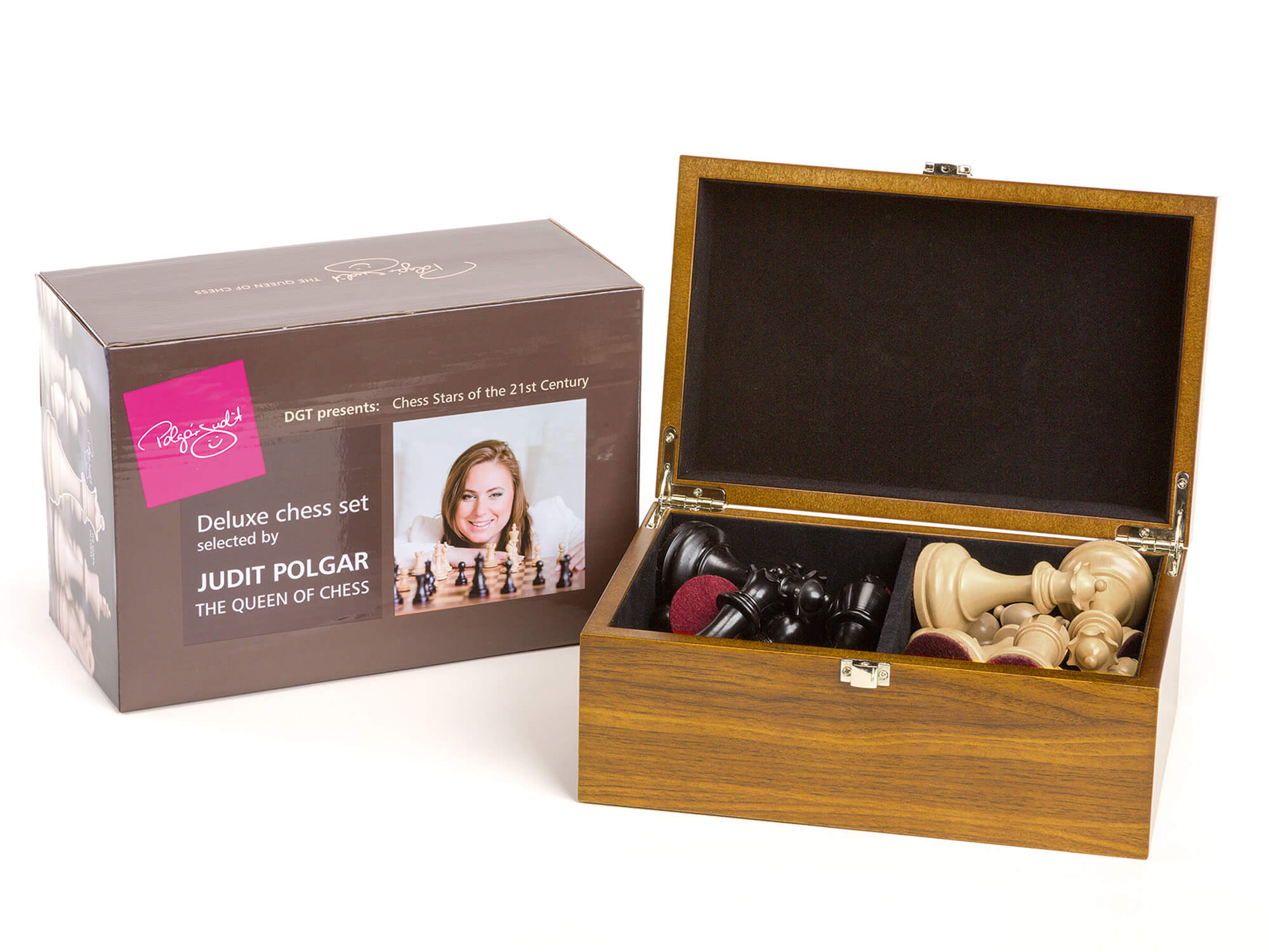 Open wooden storage box showcasing the packed Judit Polgar chess pieces inside next to retail box.