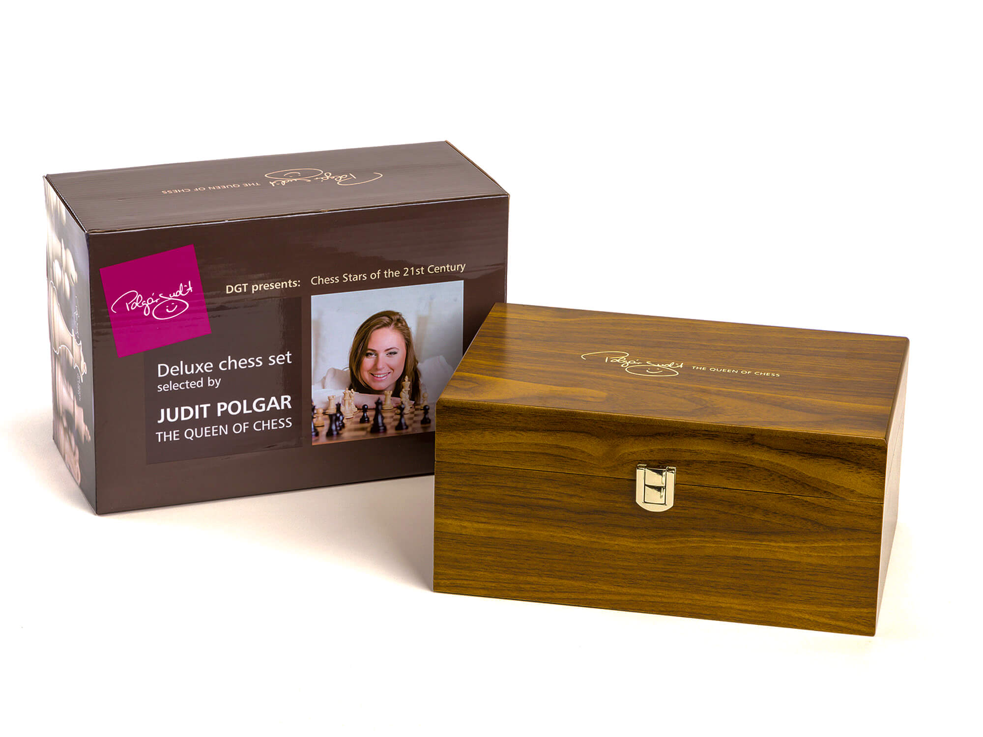 Premium wooden storage box for the Judit Polgar chess set with official retail packaging box behind it.