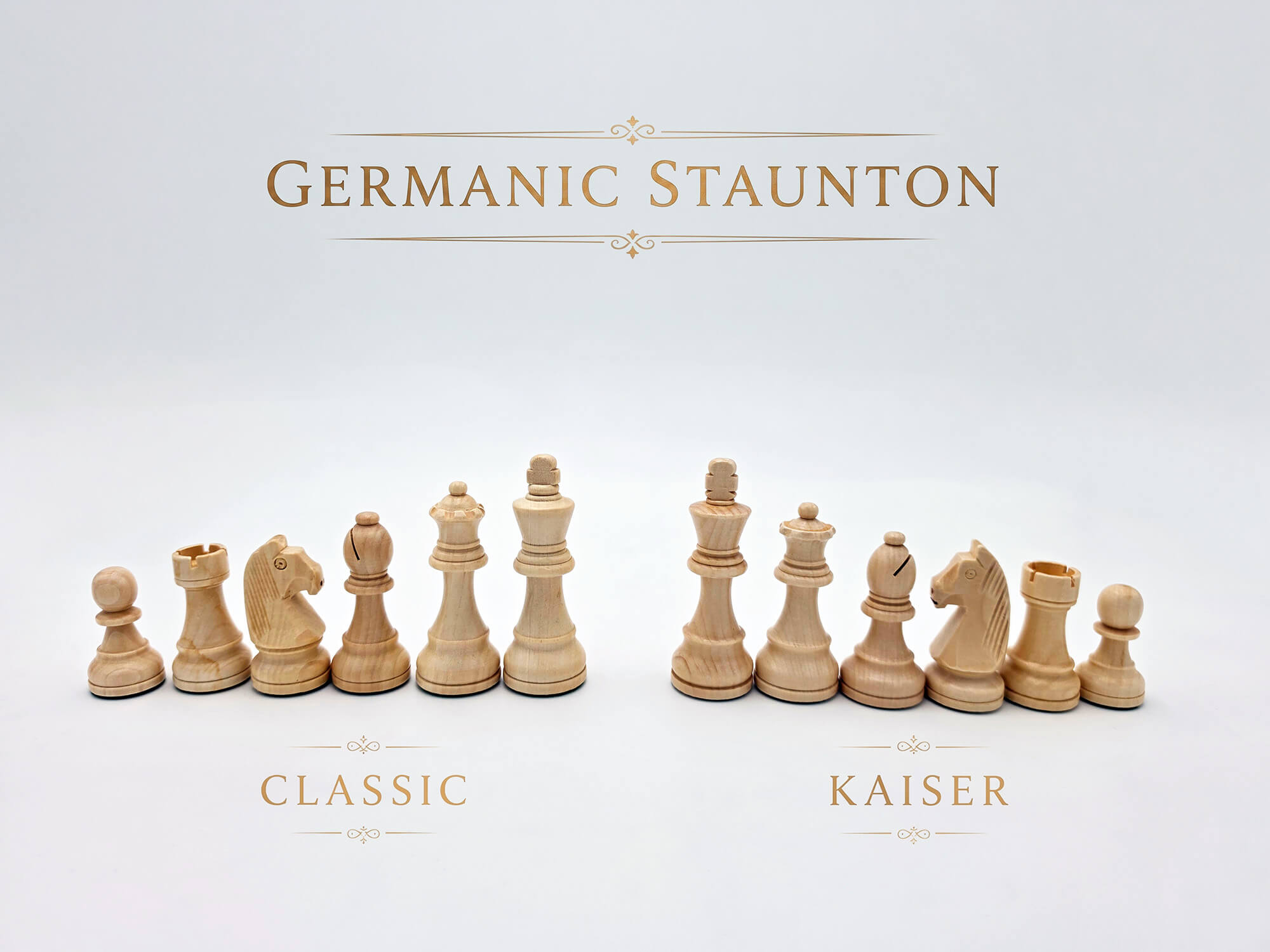 Comparison side-by-side of the Monarch Chess Set Germanic Staunton in Classic and Kaiser styles.