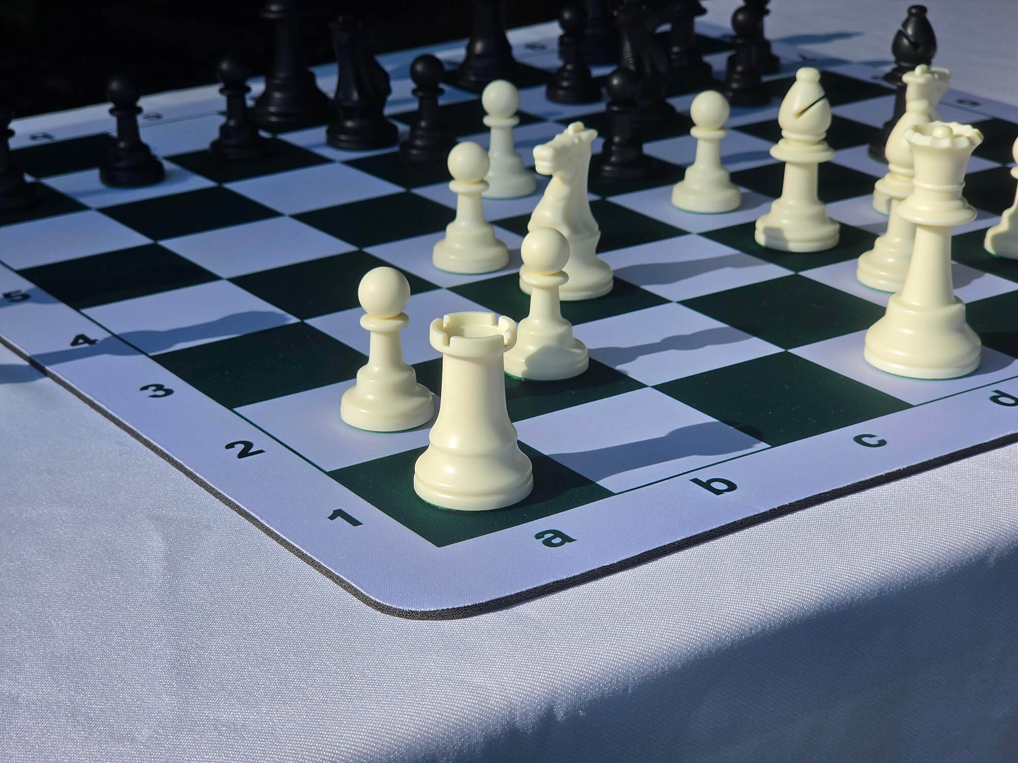 Close-up corner view of a mousepad chess board showing clear algebraic notation coordinates and a white rook piece on the a1 square.