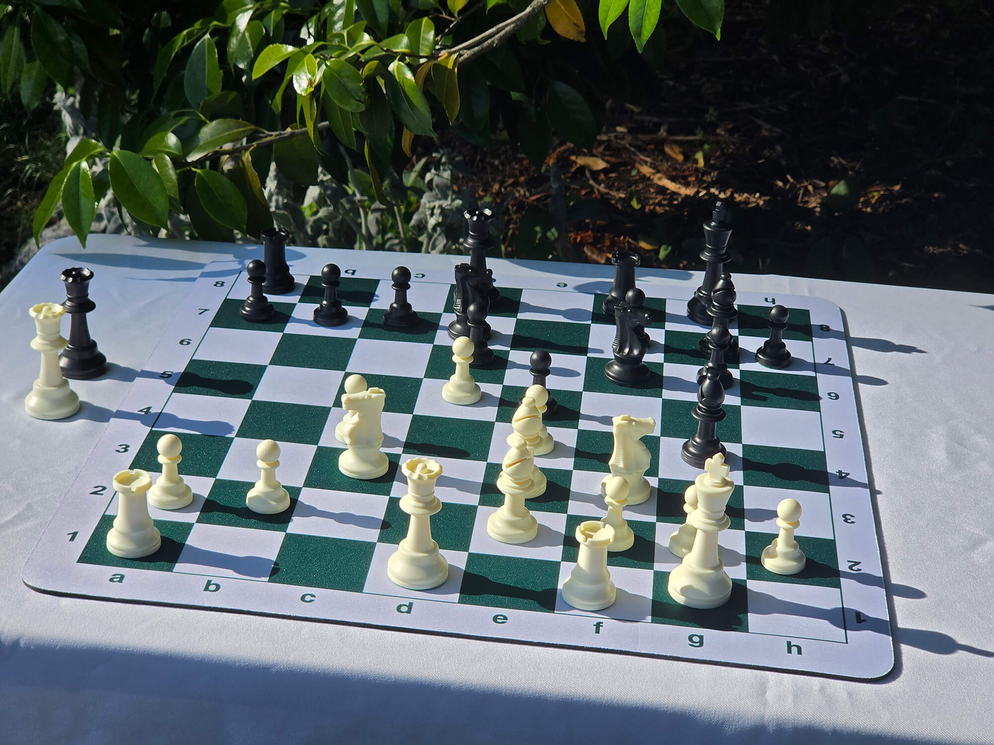 A complete tournament chess set with plastic pieces set up on a green and white mousepad board, captured in bright outdoor sunlight.