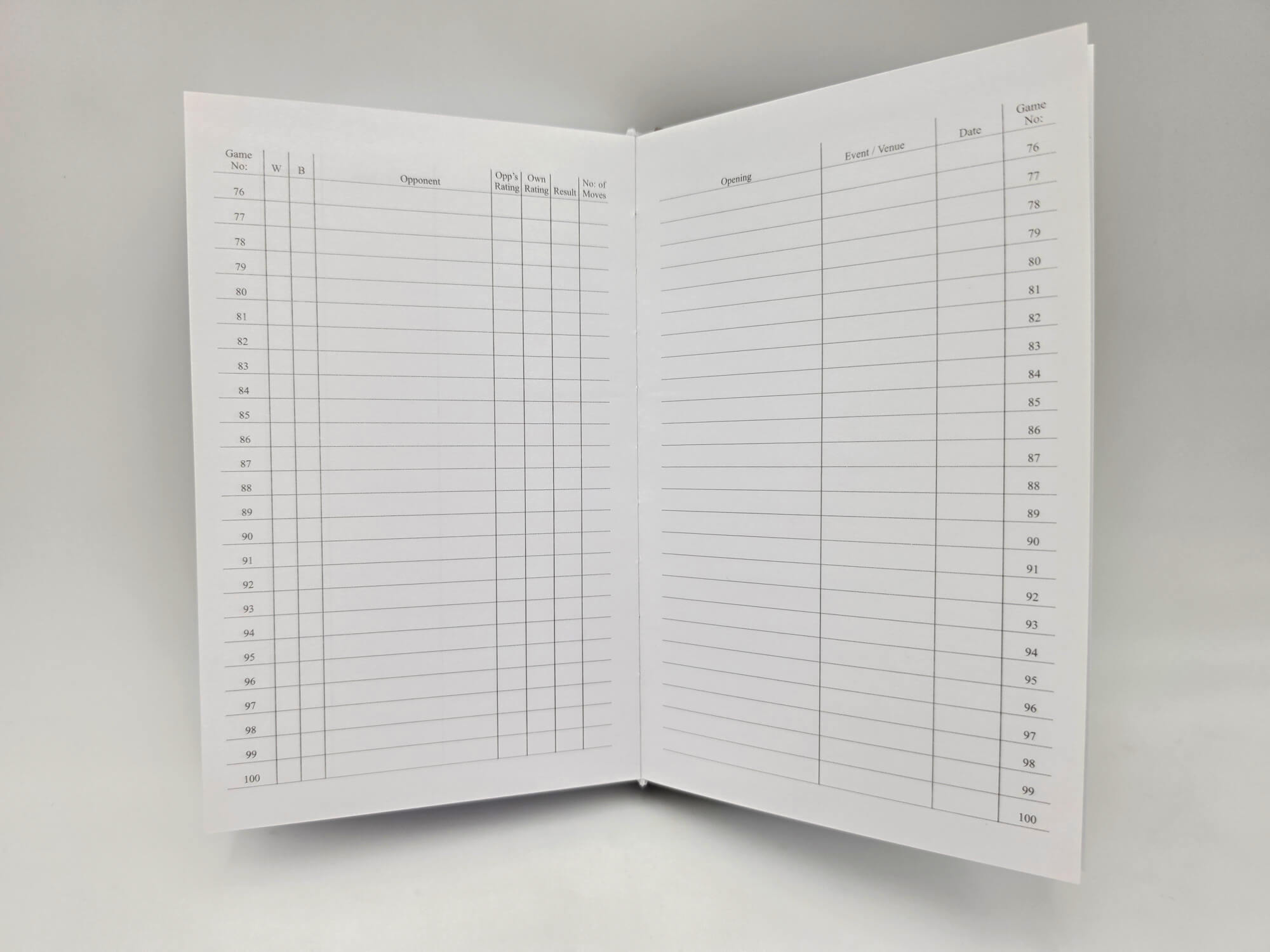 Open USCF chess scorebook index tracking list for games 76 to 100.