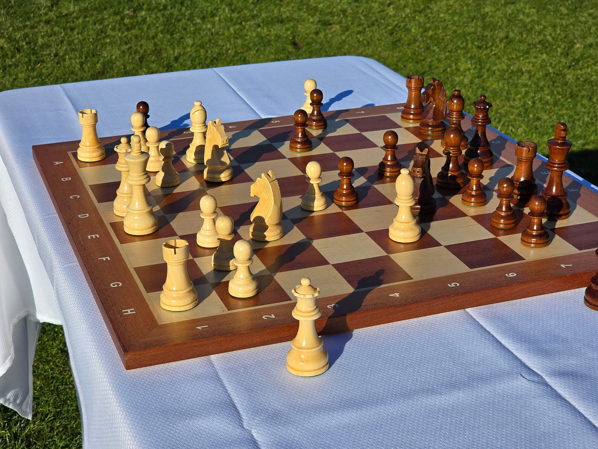Side profile view of a premium wooden chess set with pieces arranged on a mahogany board.