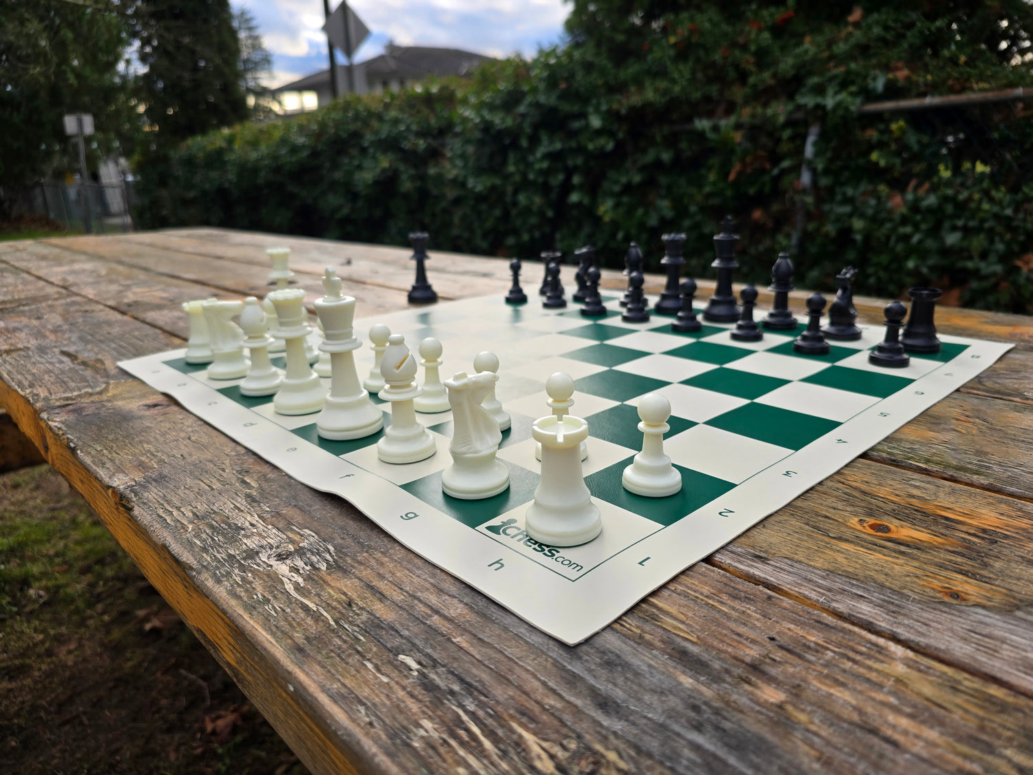 Chess.com Set with Vinyl Chess Board on Park Bench (Angled Shot H1 with Blue Sky and House)