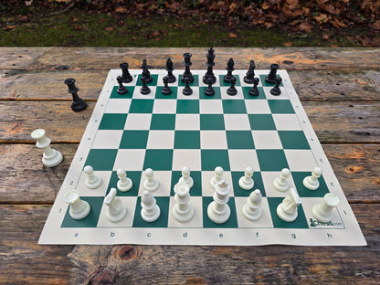 Chess.com Set with Deluxe Bag and Vinyl Chess Board on Park Bench (Straight-On Shot)