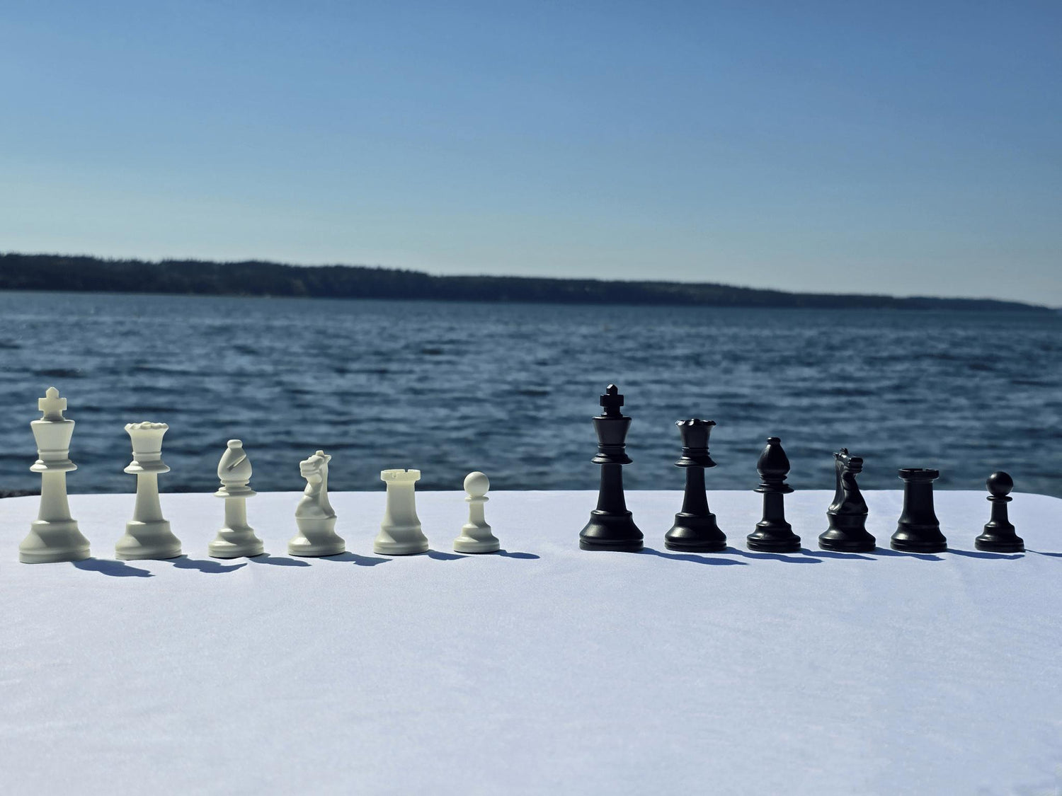 Chess Pieces Lined Up in a Row by Height on a White Cloth Table by the Sea