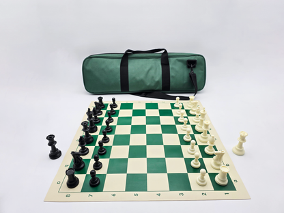 Tournament Chess Set on a Vinyl Chess Board with a Deluxe Carrying Bag in a Lightbox (Side Shot)