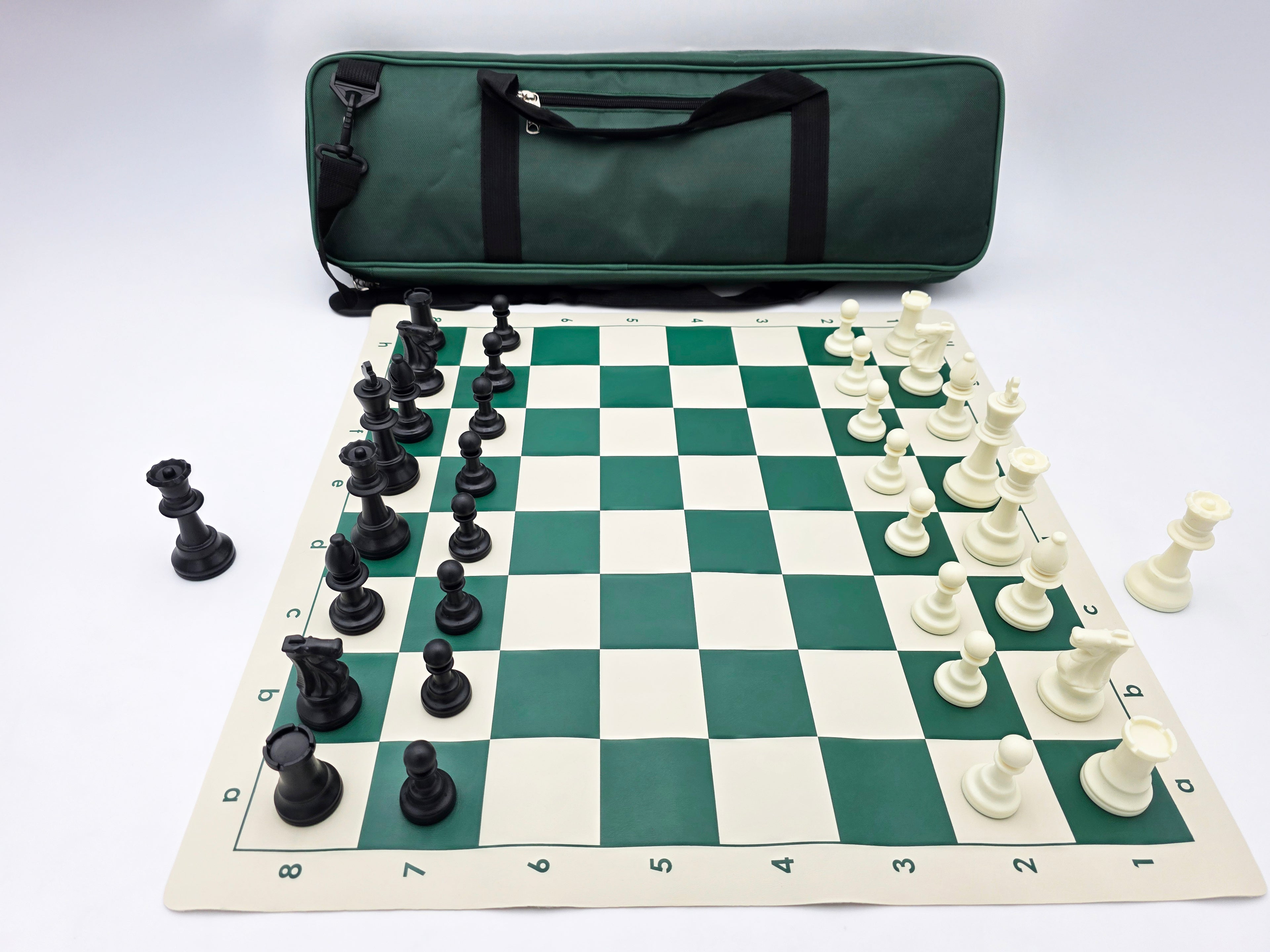 Tournament Chess Set on a Vinyl Chess Board with a Deluxe Carrying Bag in a Lightbox (Side Shot)