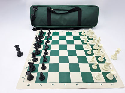 Tournament Chess Set on a Vinyl Chess Board with a Deluxe Carrying Bag in a Lightbox (Side Shot)