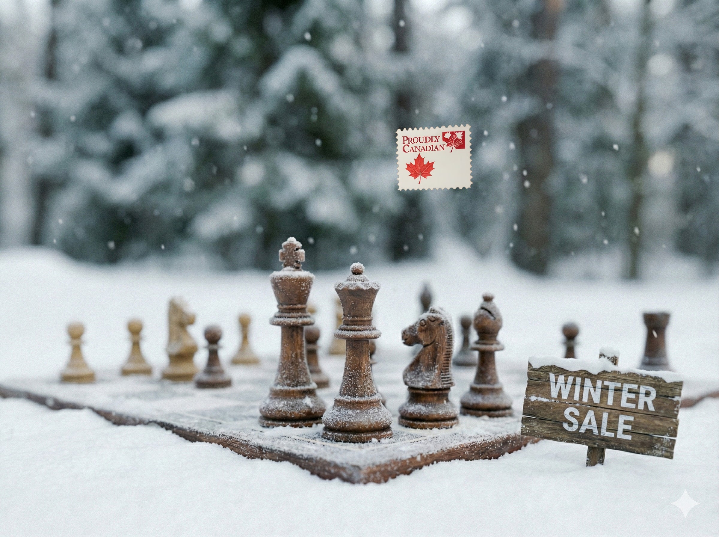 Wooden chess set in the snow with a 'Winter Sale' sign and Canada Post logo.