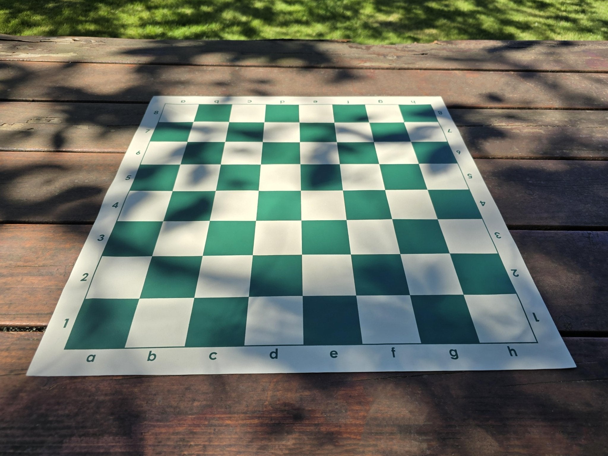 Vinyl Chess Board on Park Bench Outside in Moderate Shadow of Tree Leaves