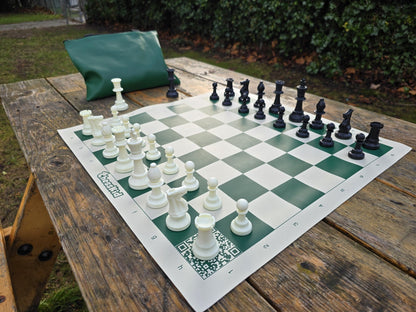 ChessKid Tote Chess Set with Vinyl Chess Board on Park Bench (Angled Shot from White&
