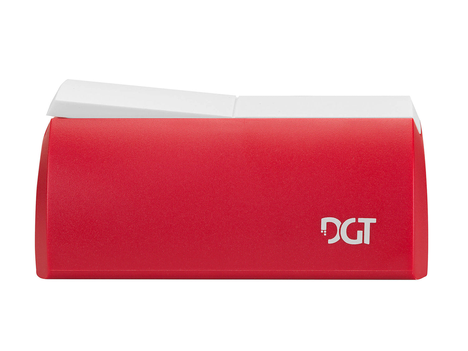 Rear view of the red DGT 3000 chess clock showing the sleek housing and white lever.