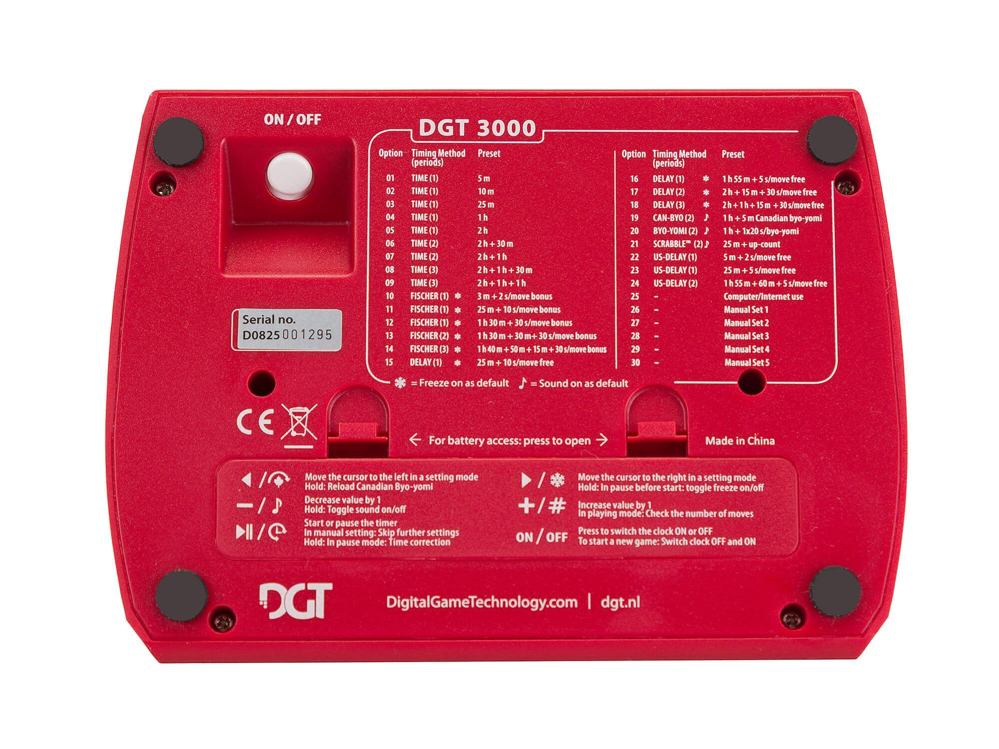 Underside of a DGT 3000 chess clock displaying the preset timing options, battery compartment, and serial number.