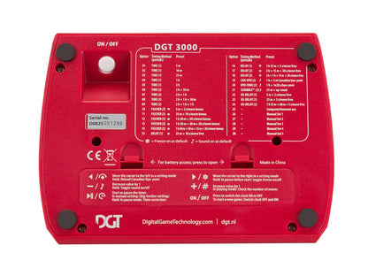 Underside of a DGT 3000 chess clock displaying the preset timing options, battery compartment, and serial number.