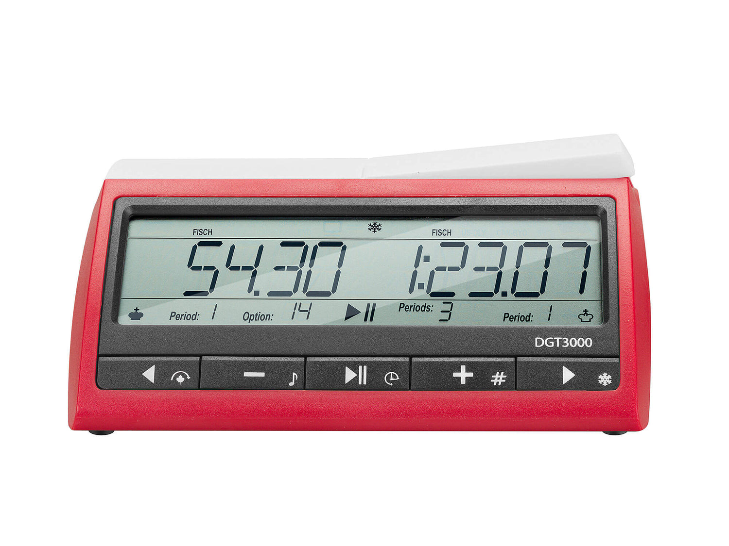 Frontal view of the DGT 3000 professional chess clock showing large digital display and control buttons.