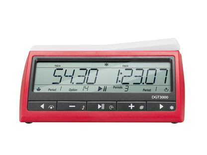 Frontal view of the DGT 3000 professional chess clock showing large digital display and control buttons.