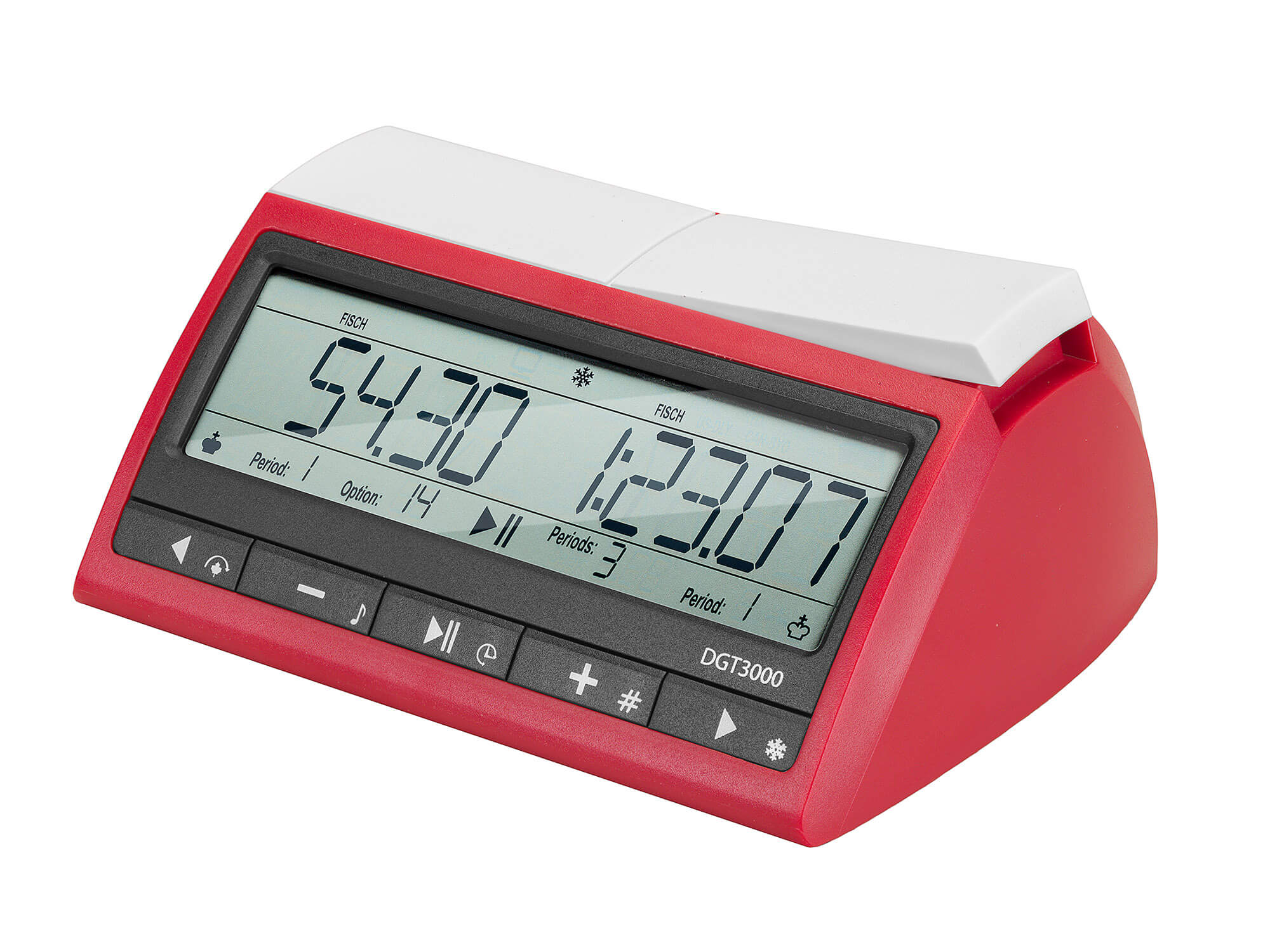 Left-side perspective of the DGT 3000 chess timer highlighting its ergonomic wedge shape and red casing.