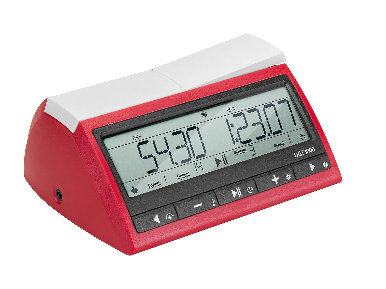 Right-side perspective of the DGT 3000 chess clock showing the 3.5mm jack for connecting to electronic DGT boards.