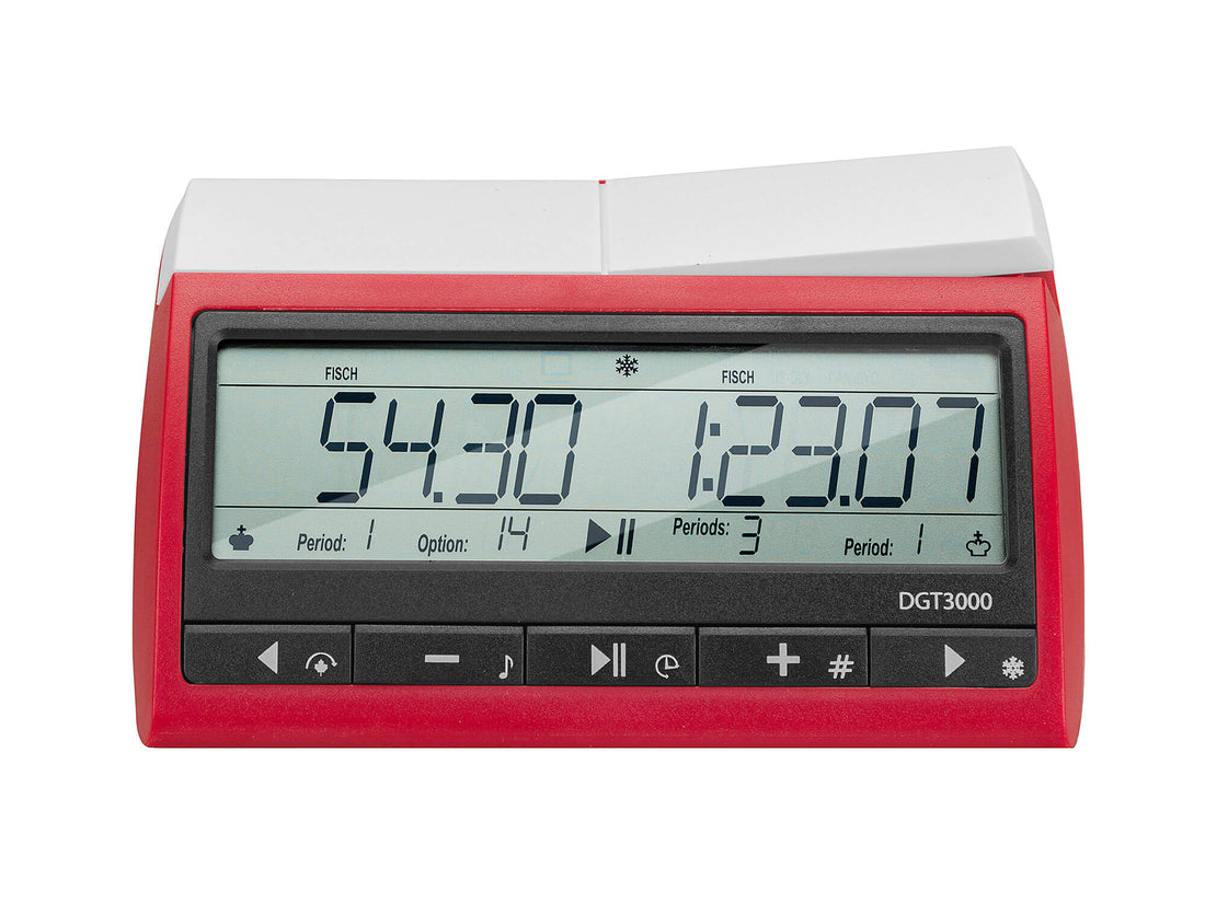 Top-down angled view of the DGT 3000 chess clock emphasizing the white rocker lever used for game play.